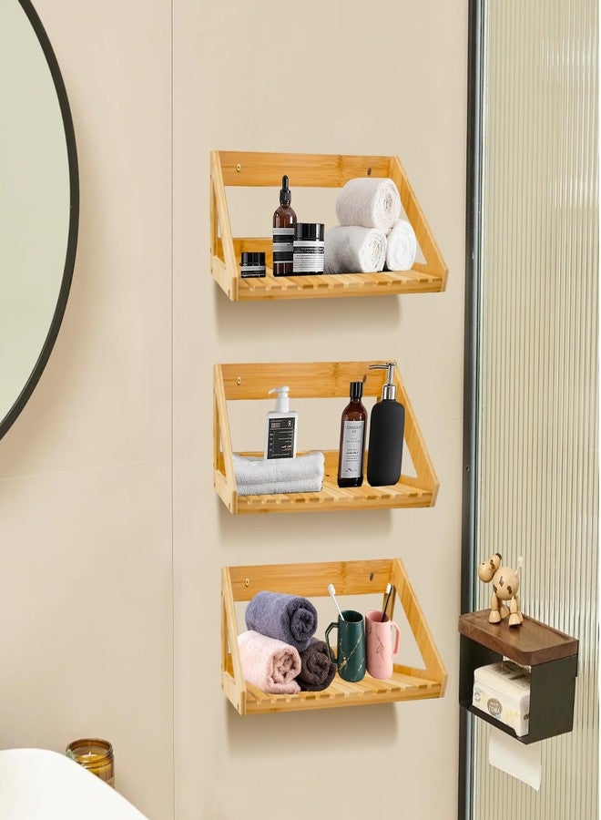 ONEHAUS Floating Shelves Wall Mounted, 3 Pcs Solid Bamboo Wall Hanging Rack Holder, Wall Storage Shelves for Bedroom, Living Room, Bathroom, Kitchen, Office Decor - Image 4